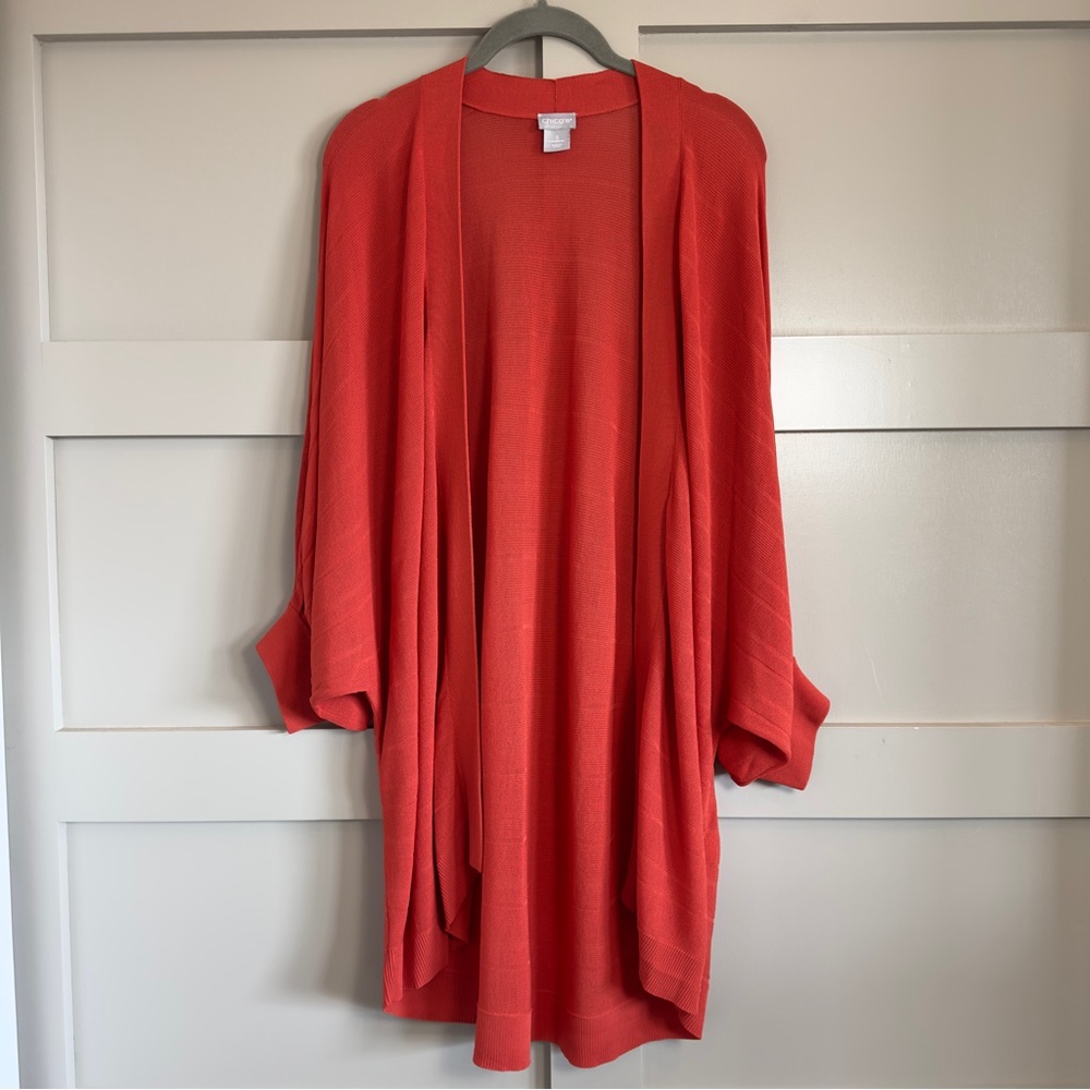 Chico’s Slinky Travel Knit Open Front Cardigan Coral Dolman Sleeve Women Size XL